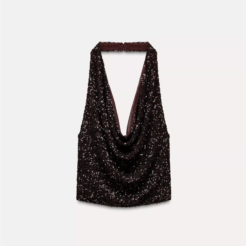 Zara Brown Sequins Halter Top NWT
